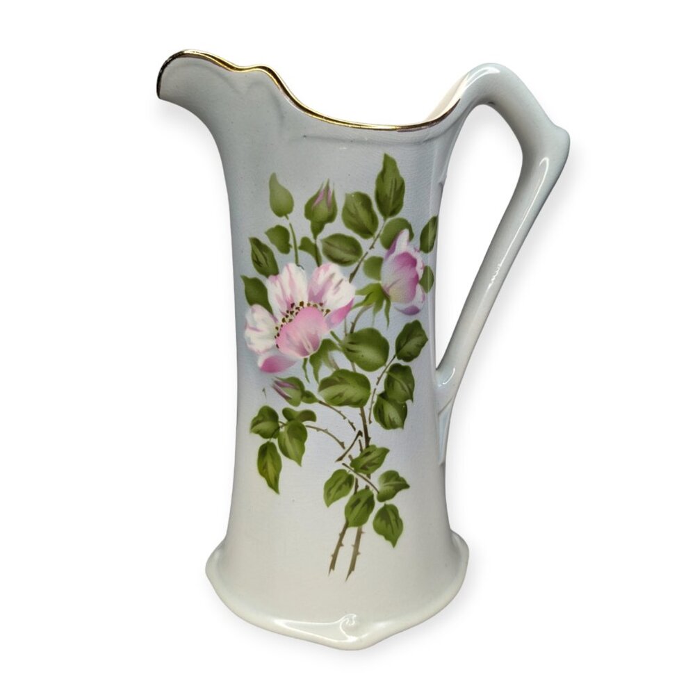 Vintage Floral Pitcher Vase Pink Flowers